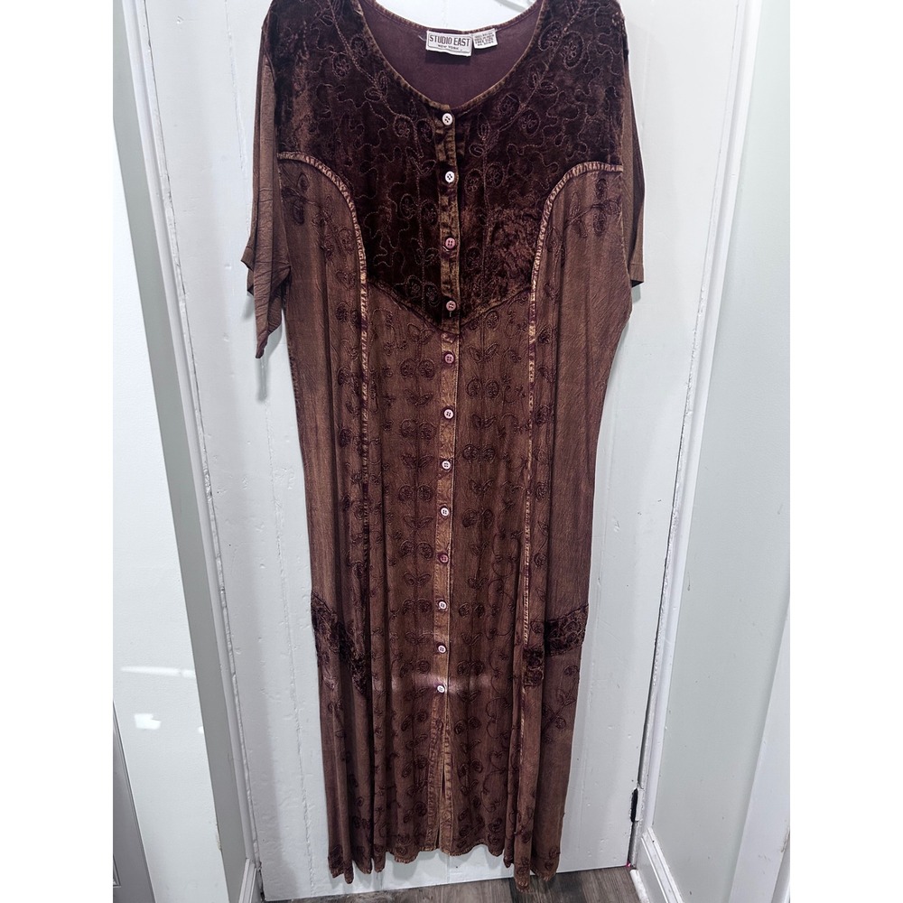 Studio East New York Brown Velvet Embroidered Maxi Dress Whimsigoth Free Size